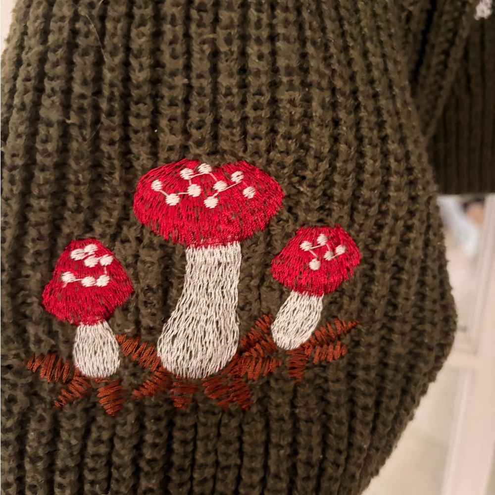 ROMWE Olive Green Crewneck Sweater with Embroidered Mushrooms - Picture 3 of 4